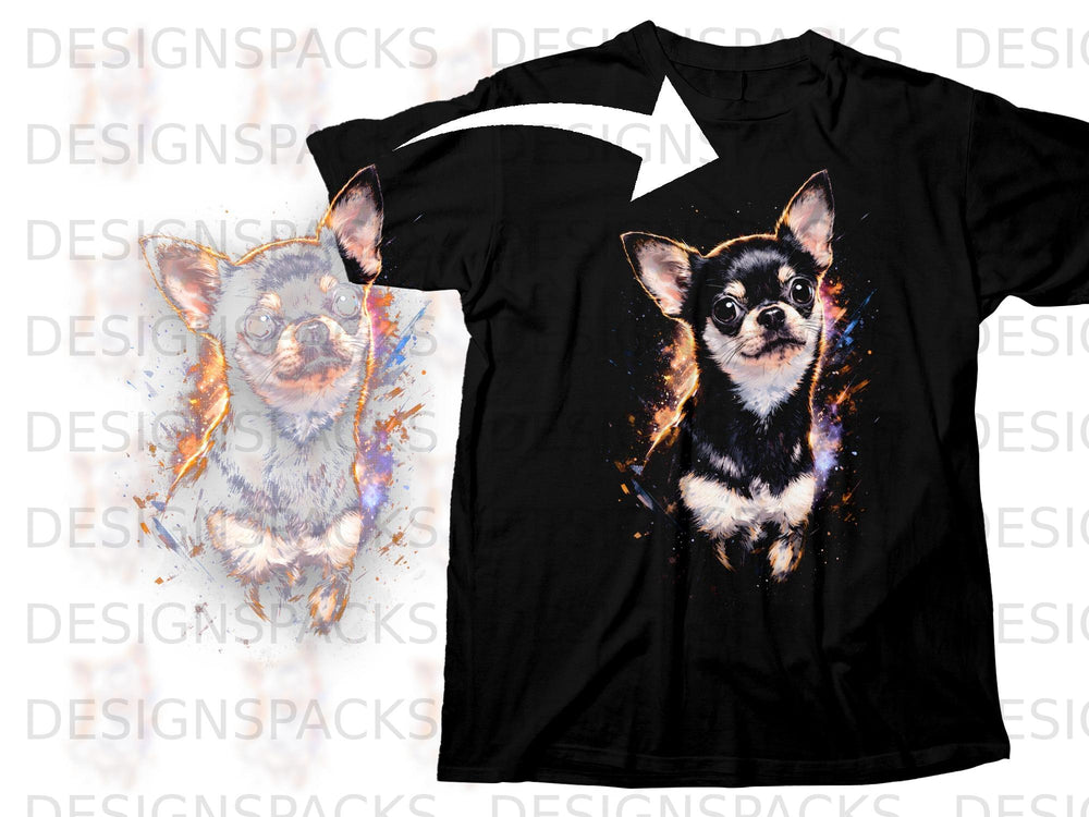 Black t-shirt featuring a chihuahua dog graphic with watercolor and cosmic splash effects.