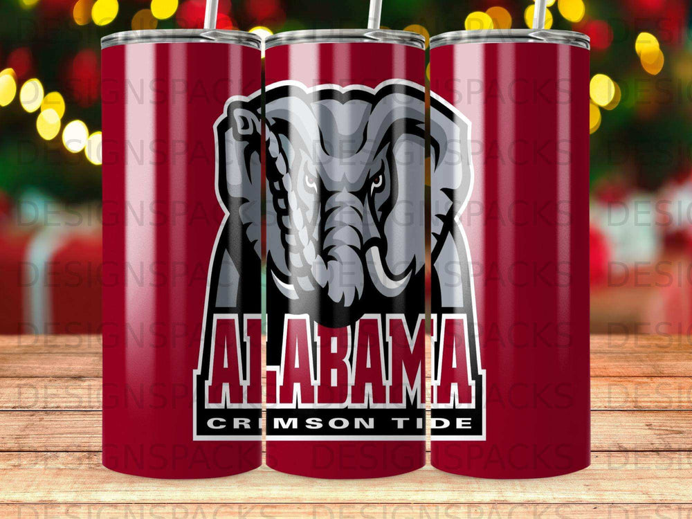 Tumbler with Alabama Crimson Tide elephant logo and text.