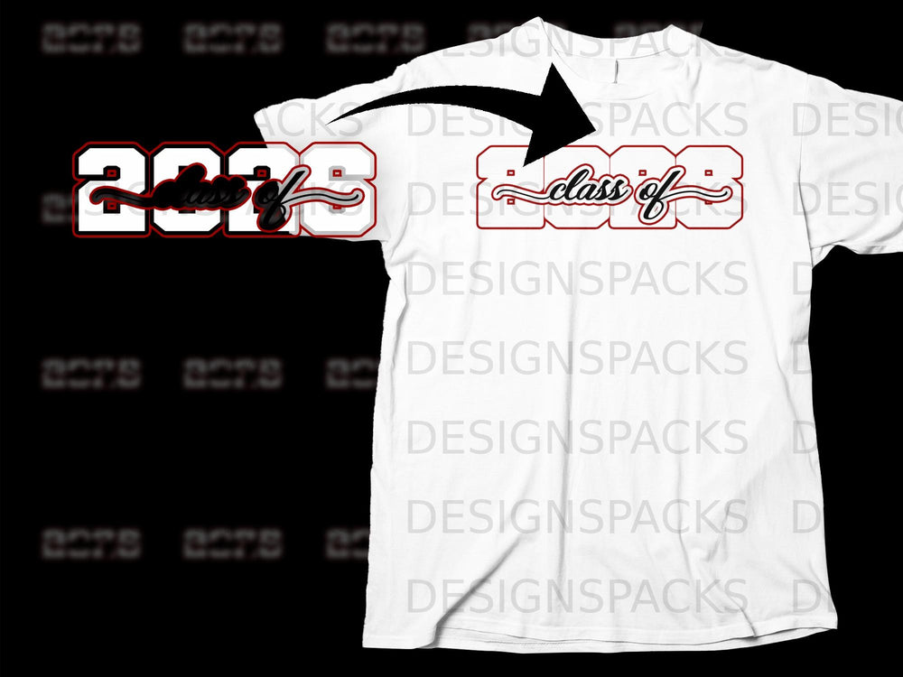White t-shirt with "class of 2023" design in red and white.