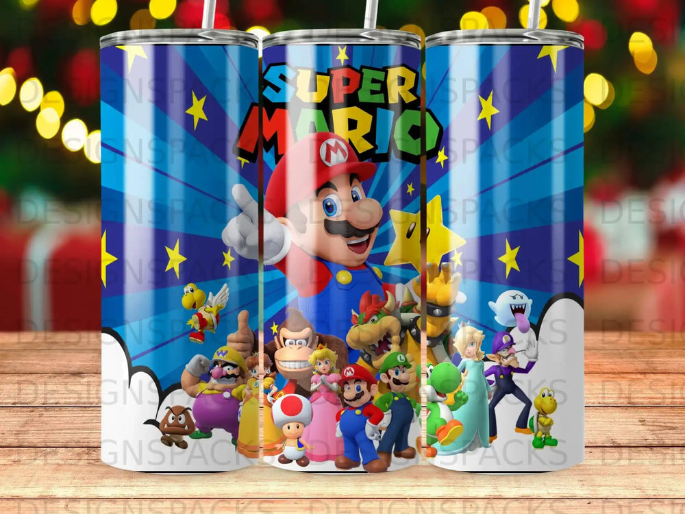Super Mario characters, including Mario, Luigi, and Princess Peach, on a blue background.