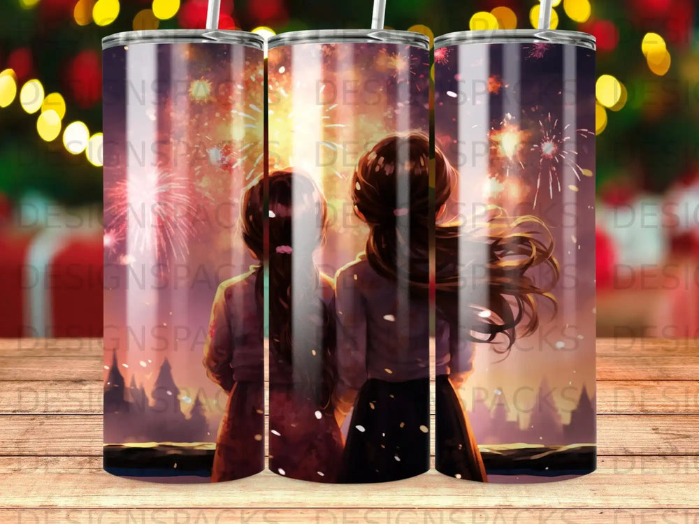 Two girls watch fireworks from behind, silhouetted against the display.
