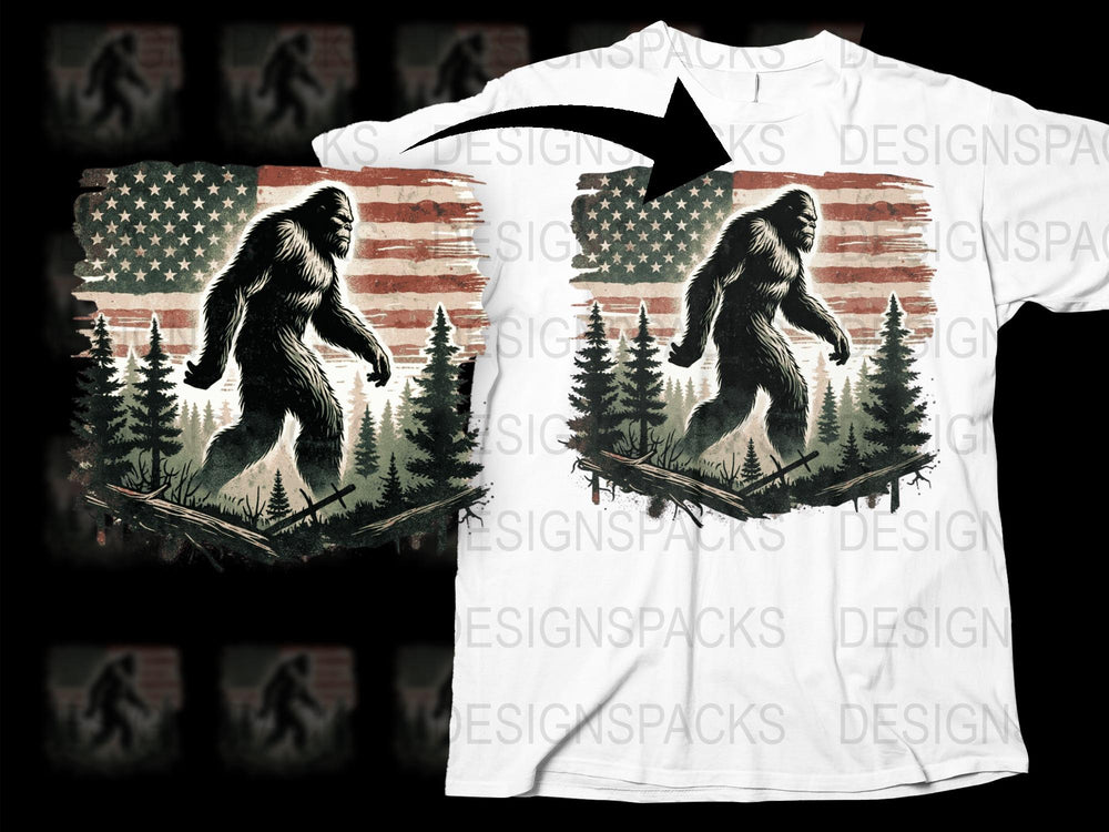 Bigfoot Silhouette American Flag T-Shirt, Patriotic Sasquatch Graphic Tee, Forest and USA Flag Design, Unique Mythical Creature Shirt