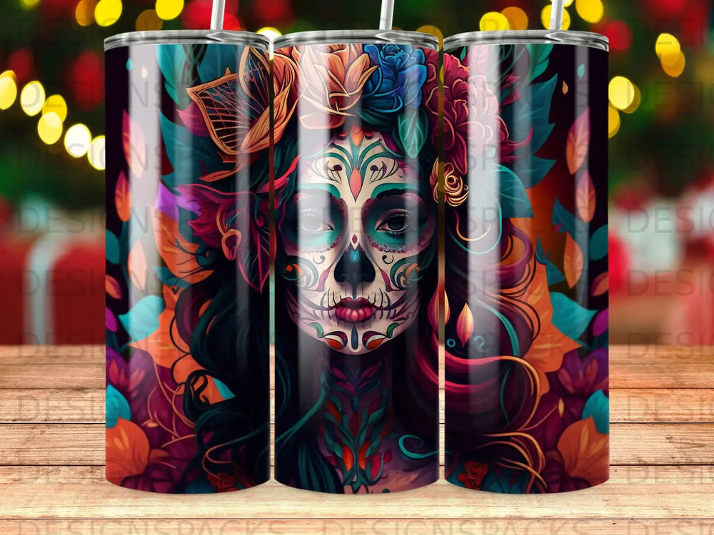 Sugar skull woman with floral headdress, vibrant colors, repeating pattern.
