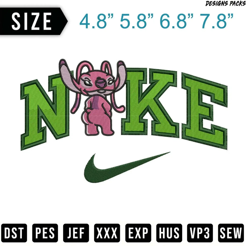 Nike logo with Stitch character, available in multiple sizes and embroidery formats.