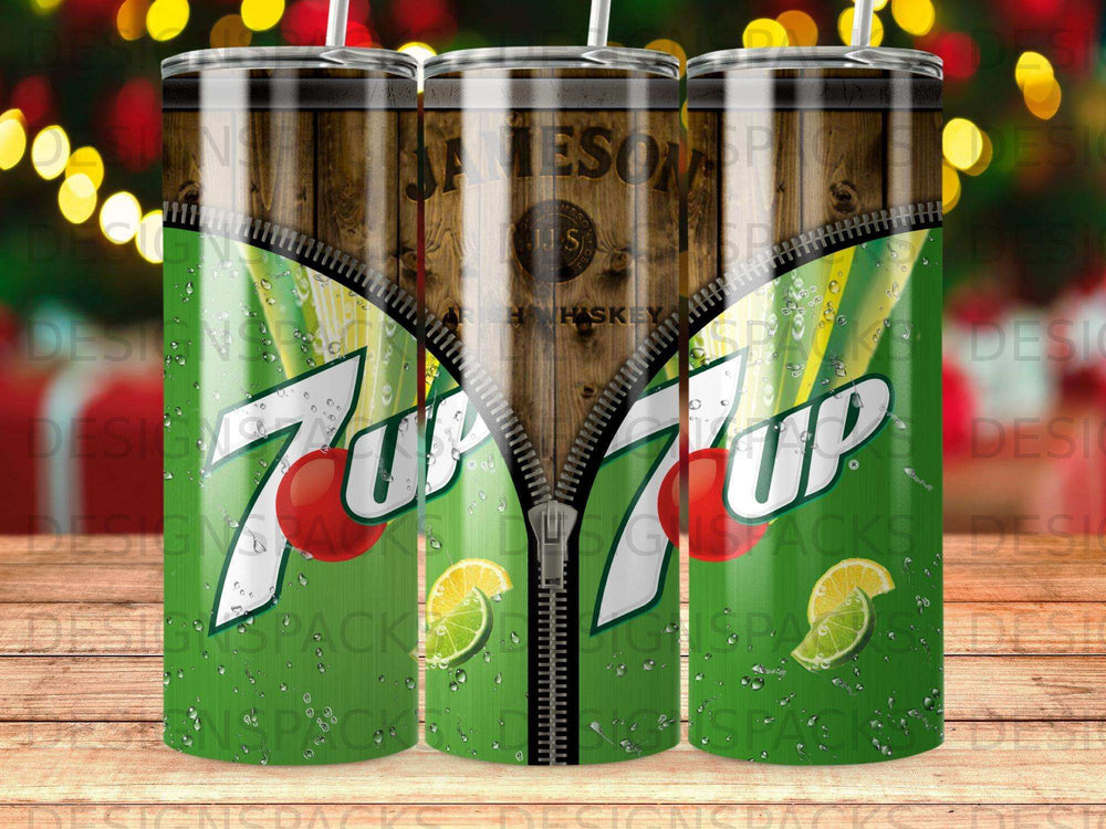 Tumbler with Jameson whiskey and 7UP logos, unzipped to reveal the branding.