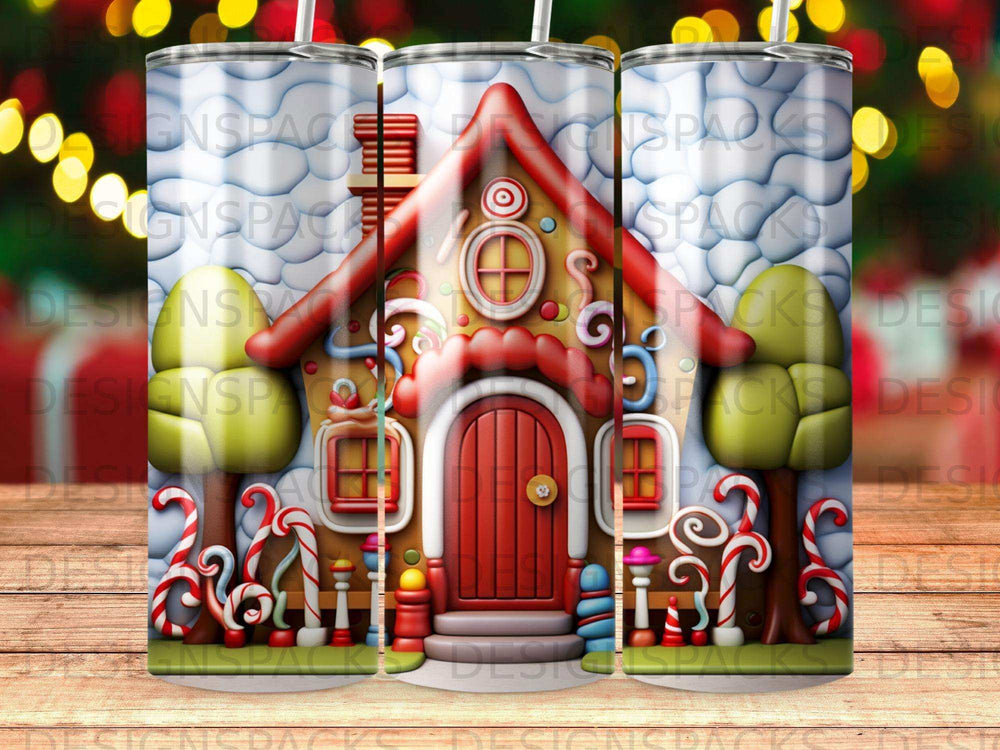 Gingerbread house with candy canes and snow on a tumbler design.