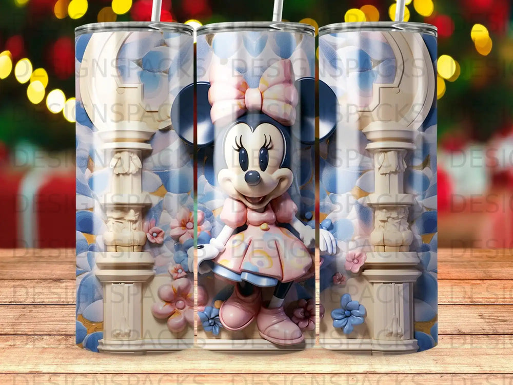 Minnie Mouse in a pink dress on a patterned tumbler.