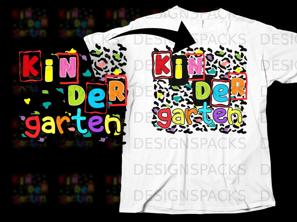 "Kindergarten" text with colorful letters and leopard print on a white t-shirt.