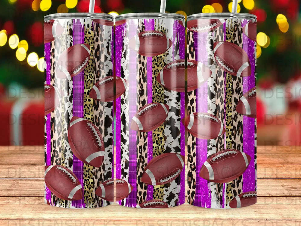 Tumbler with purple, black, and leopard print featuring footballs.