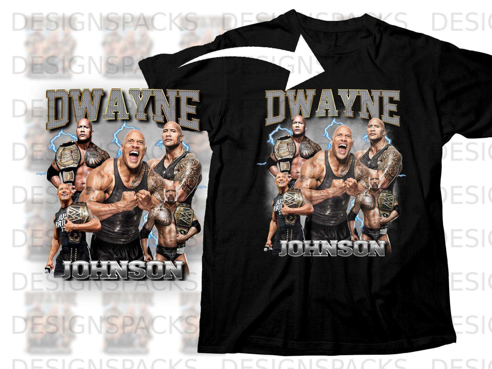 Black t-shirt with Dwayne "The Rock" Johnson and championship belts graphic.