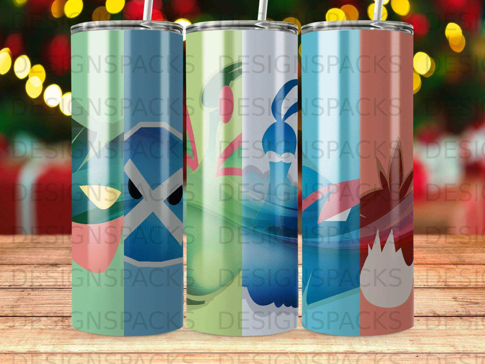 Three tumblers with abstract colorful patterns and "DesignSpacks" text.