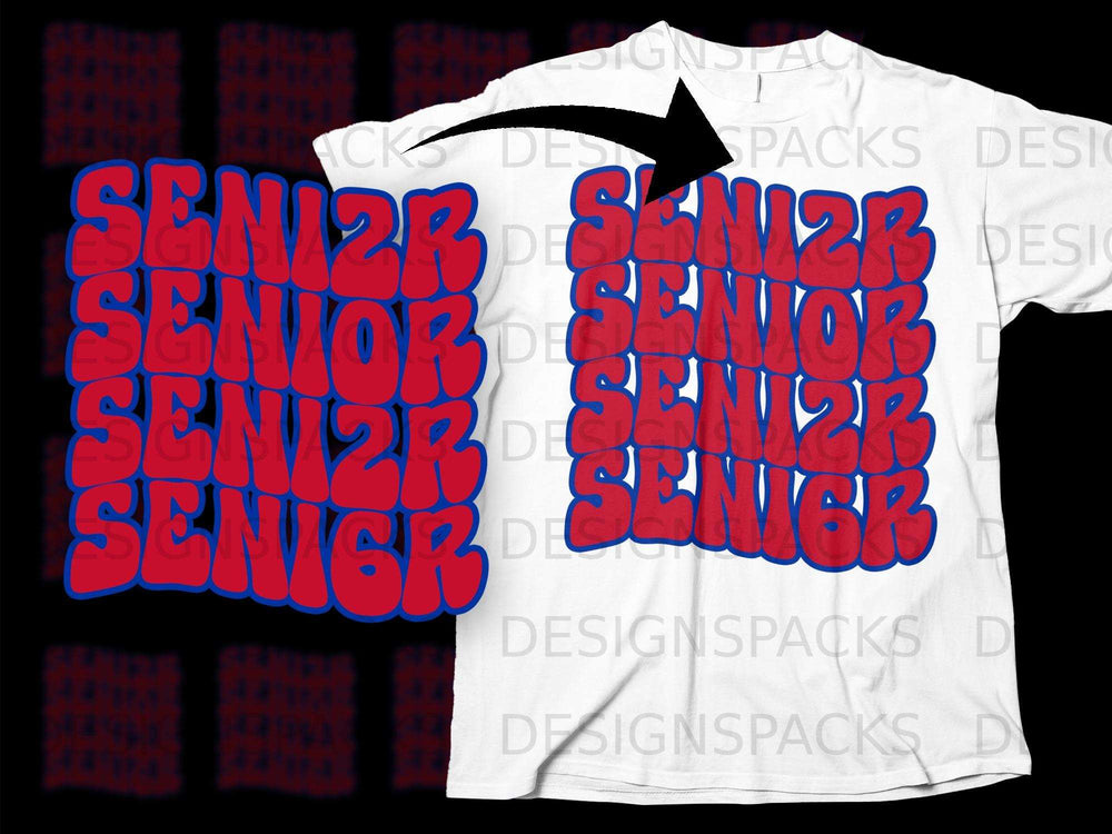 White t-shirt with repeating red block text that says "SENIOR".