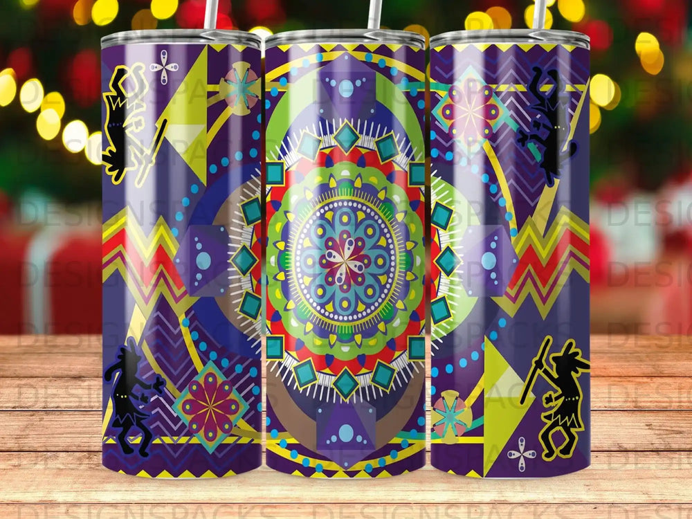 Tumbler with colorful geometric mandala and silhouette of a dancer.