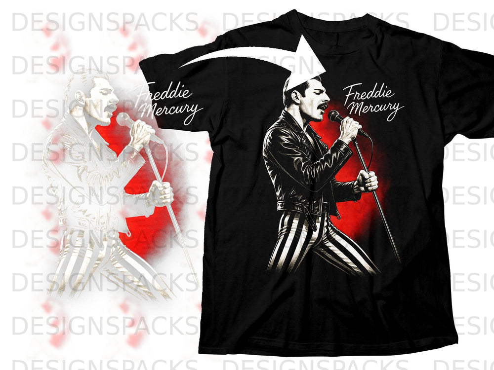 Black t-shirt with "Freddie Mercury" text and illustration of Freddie Mercury singing.