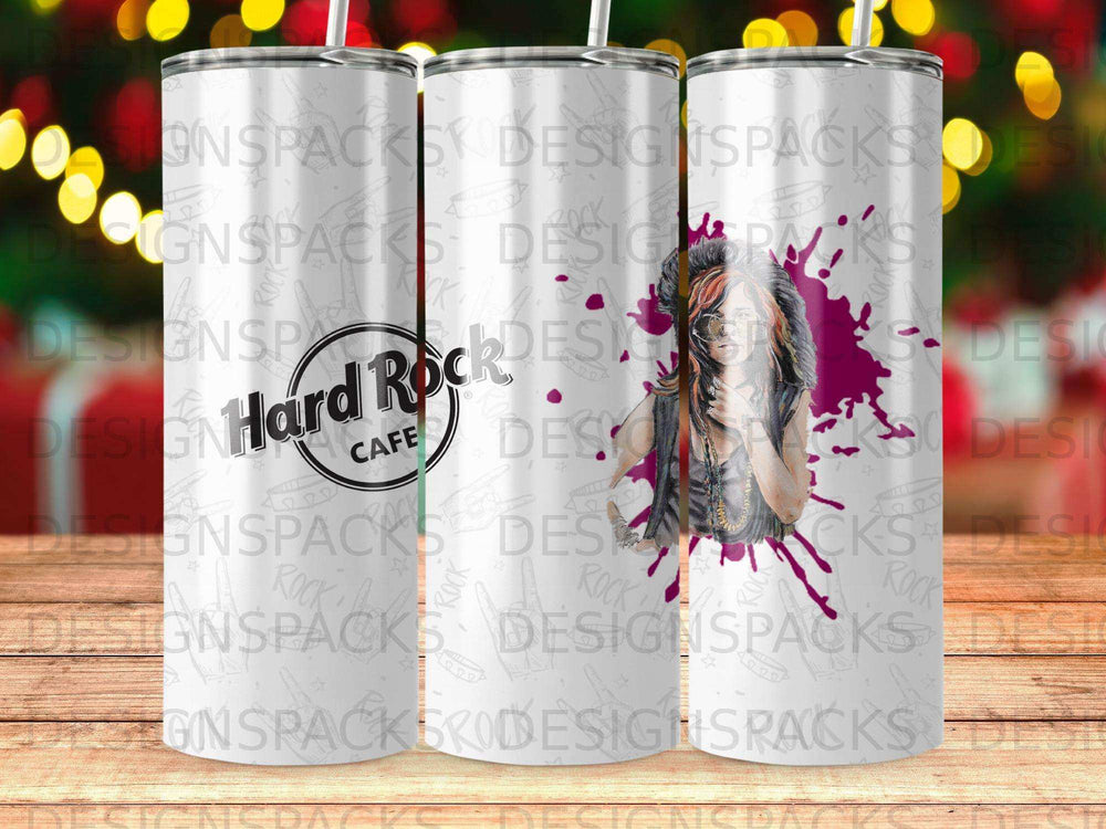 Woman with vibrant hair and punk attire, Hard Rock Cafe logo.