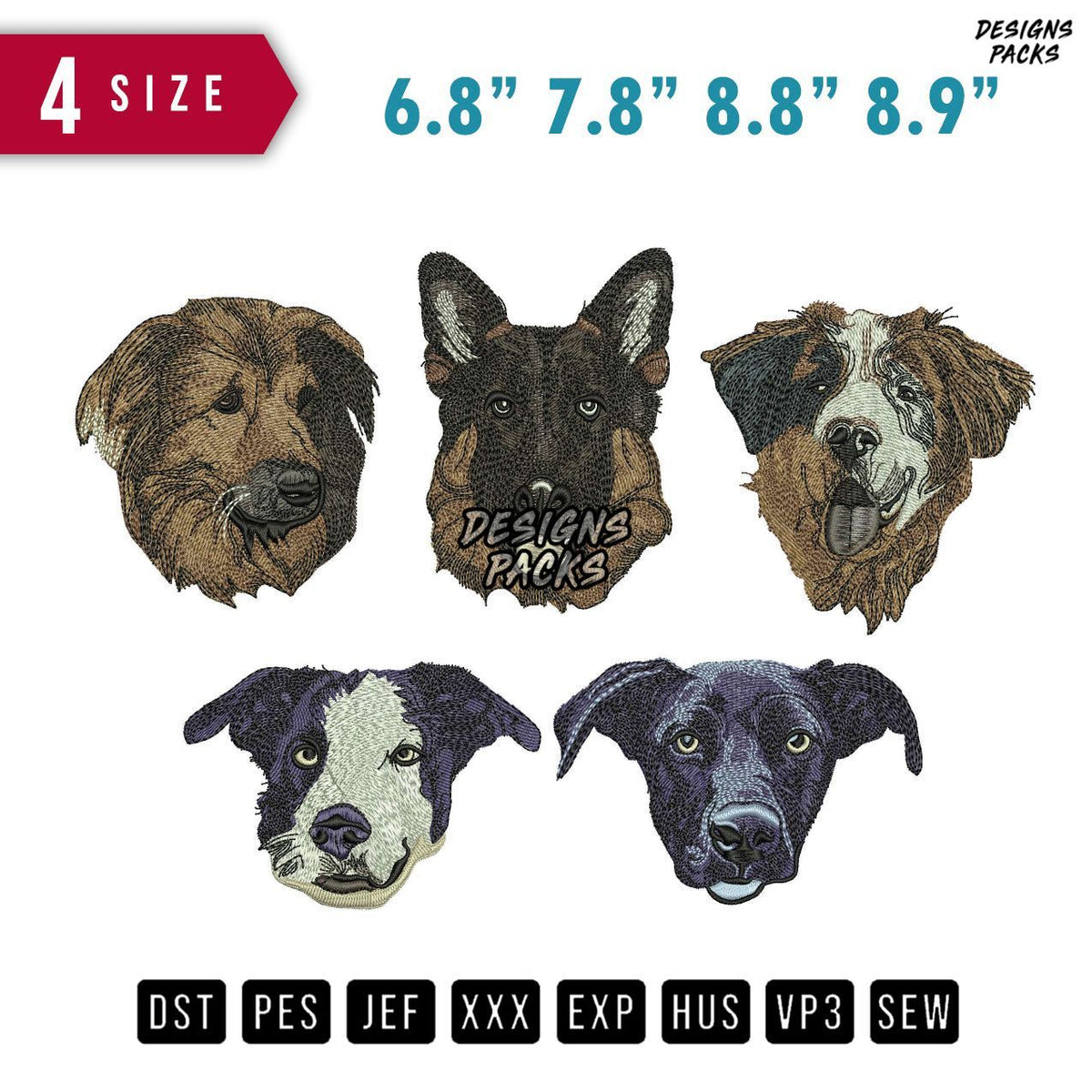 5 Dogs Head Embroidery Design