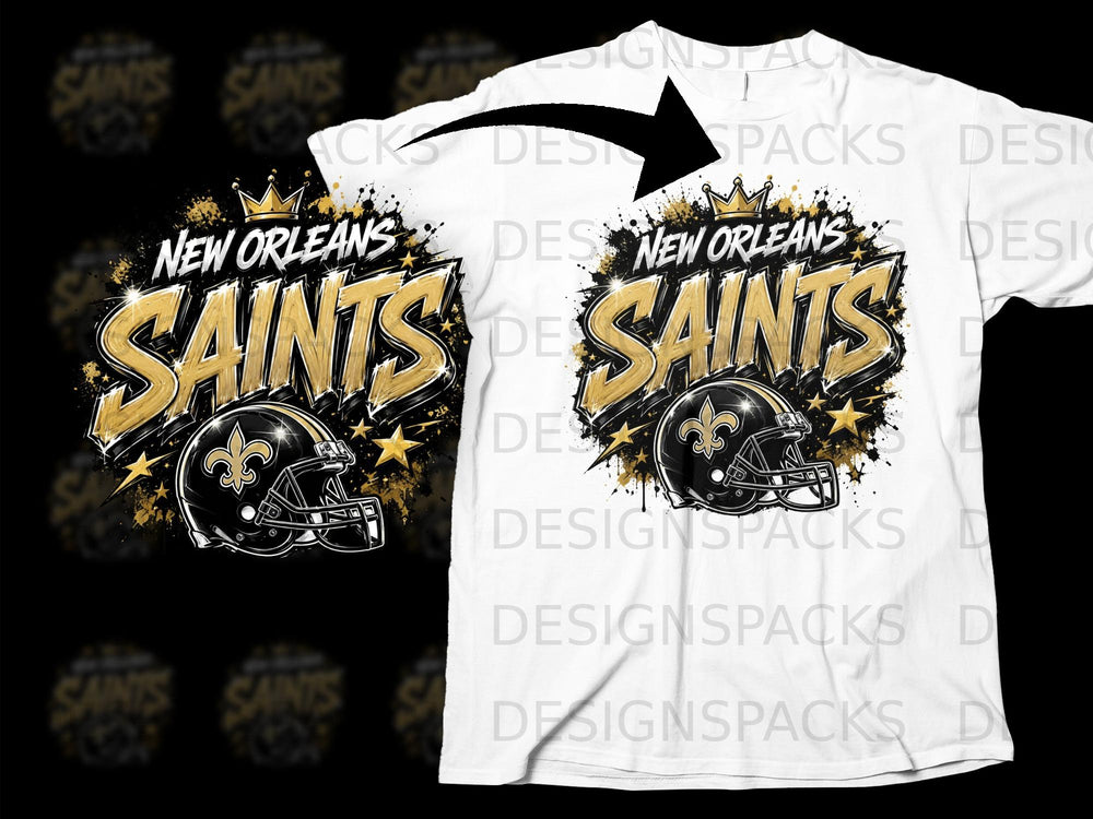New Orleans Saints logo with helmet and crown on a white t-shirt.