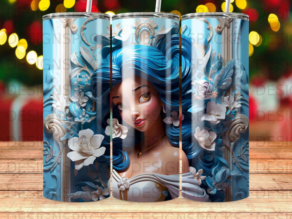 Blue-haired woman with intricate floral details on a blue background.