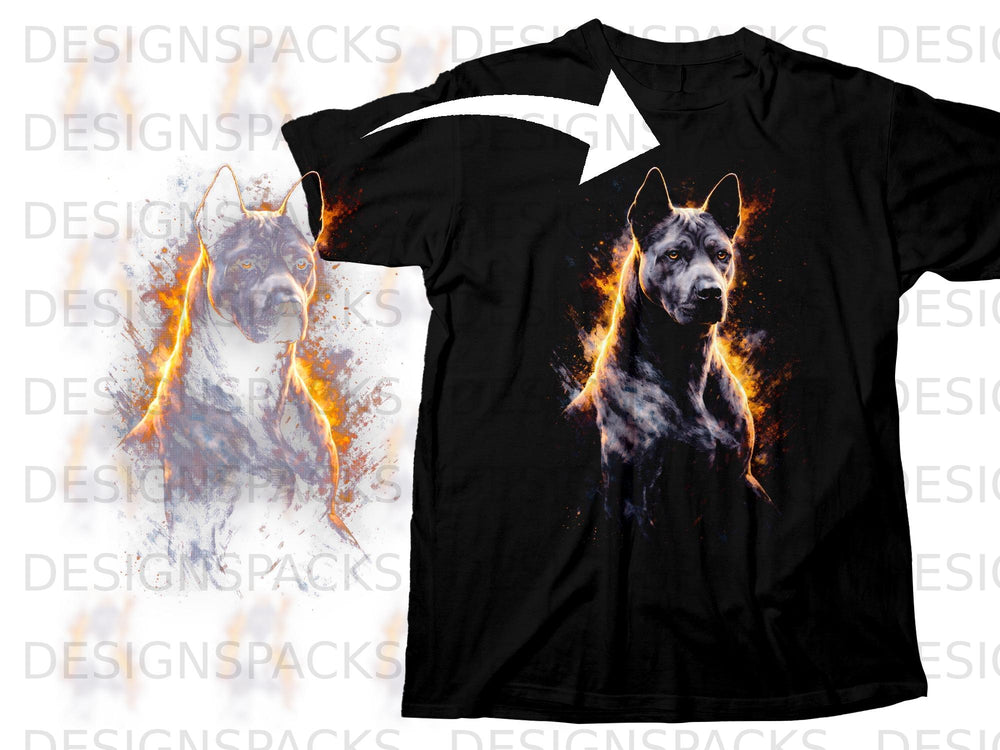 Black t-shirt with a graphic of a dog surrounded by fiery, abstract art.