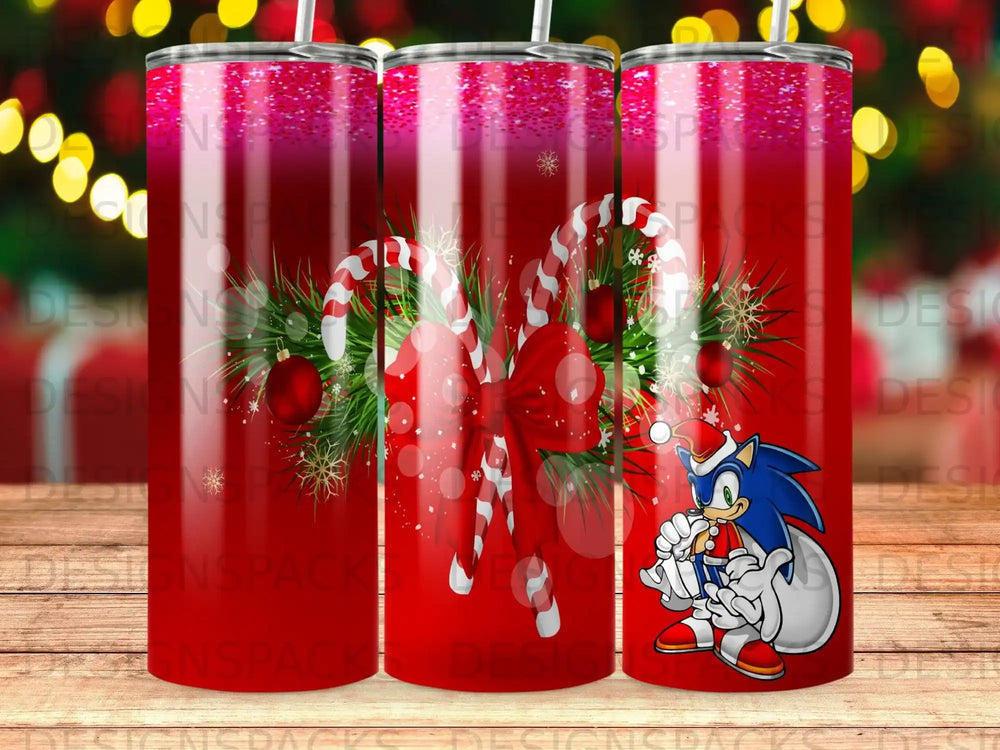 Sonic the Hedgehog wearing a Santa hat holding candy canes with festive decorations.