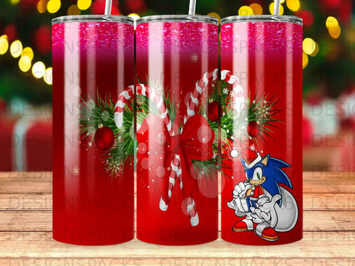 Sonic the Hedgehog wearing a Santa hat holding candy canes with festive decorations.