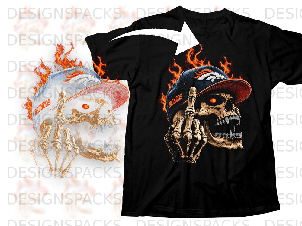 Black t-shirt with fiery Denver Broncos skull graphic and skeleton hand.