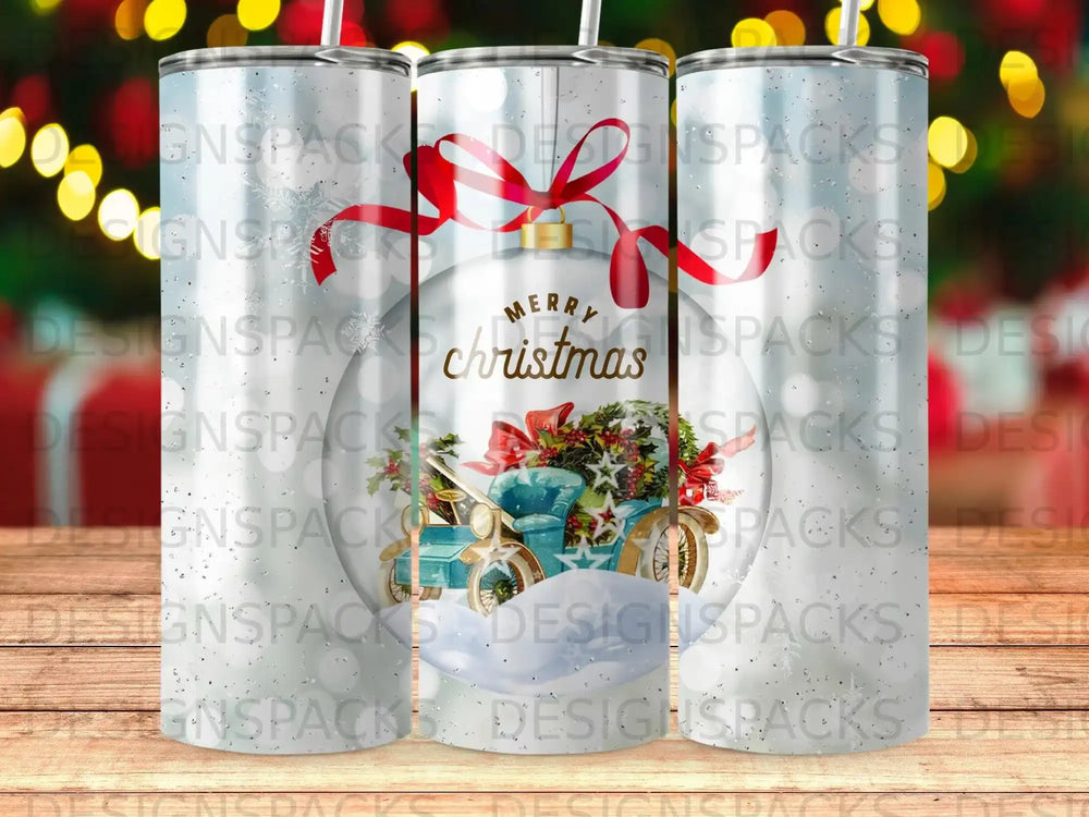 Christmas tumbler with a vintage truck and "Merry Christmas" text.