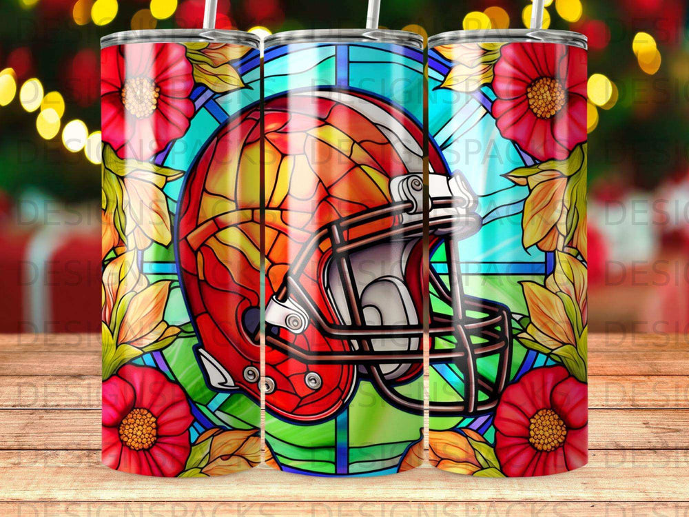 Cleveland Browns helmet with floral stained glass background.