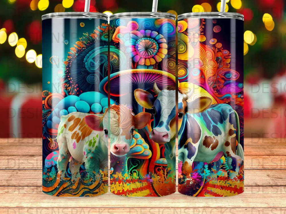 Colorful cow and mushroom design on three tumblers with bokeh lights background.