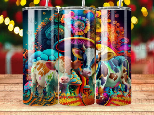 Colorful cow and mushroom design on three tumblers with bokeh lights background.