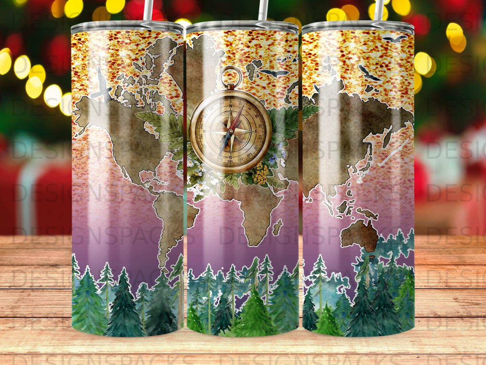 World map and compass design on a patterned tumbler.
