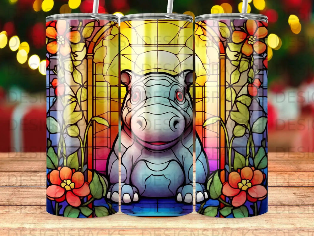 Stained glass hippo with flowers and colorful lights.