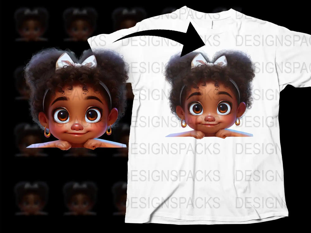 Cute Cartoon Girl T-Shirt, Curly Hair Toddler Graphic Tee, Kids White Top, Bow Decor Casual Shirt