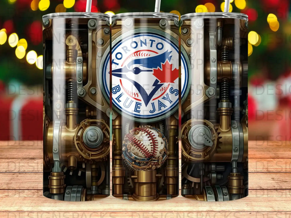 Toronto Blue Jays steampunk tumbler with baseball and gears.