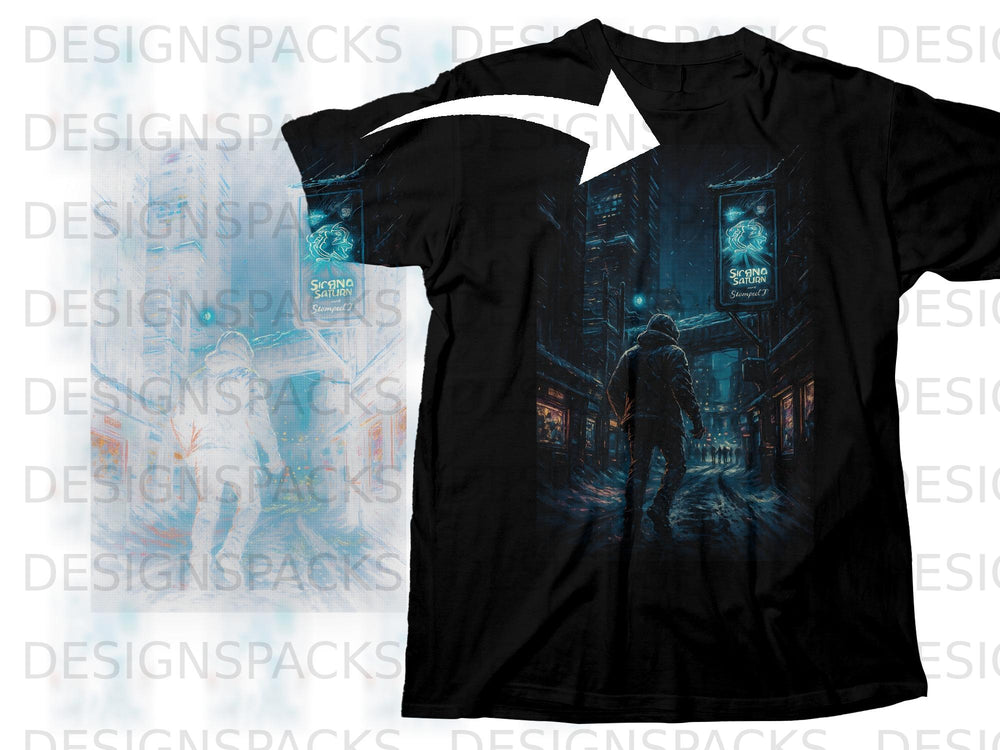Black t-shirt with a nighttime cityscape graphic featuring a hooded figure and neon signs.