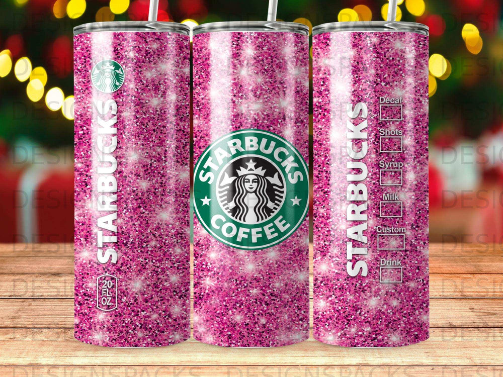 Pink glitter Starbucks tumbler with "STARBUCKS COFFEE" logo and drink options.