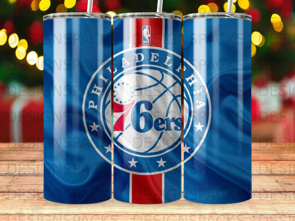 Philadelphia 76ers NBA logo on a blue tumbler with red stripes.