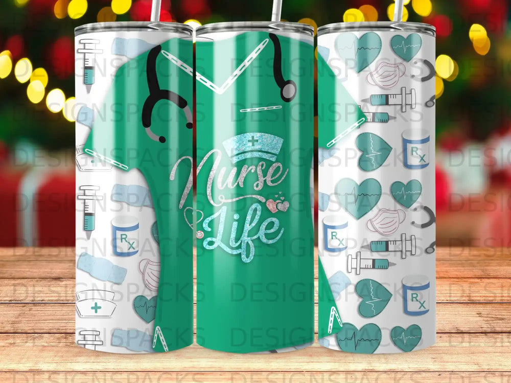 Nurse Life graphic on a green tumbler with medical icons and stethoscope.