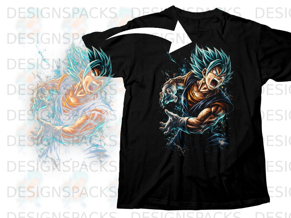 Black t-shirt with anime character Vegito in action pose with blue energy effects.