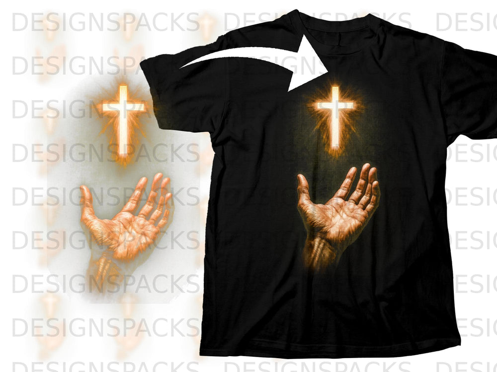 Black t-shirt with graphic of hands reaching towards a glowing cross.