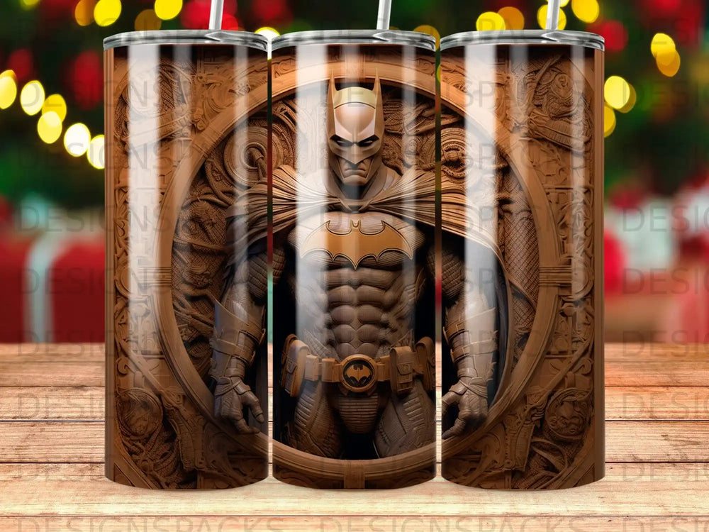 Batman bust carved in wood, on a tumbler.