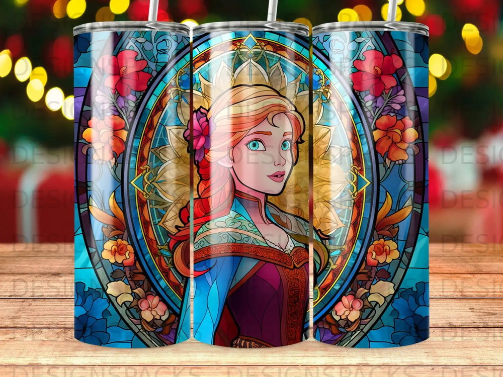 Anna from Frozen in stained glass style on a blue and gold tumbler.