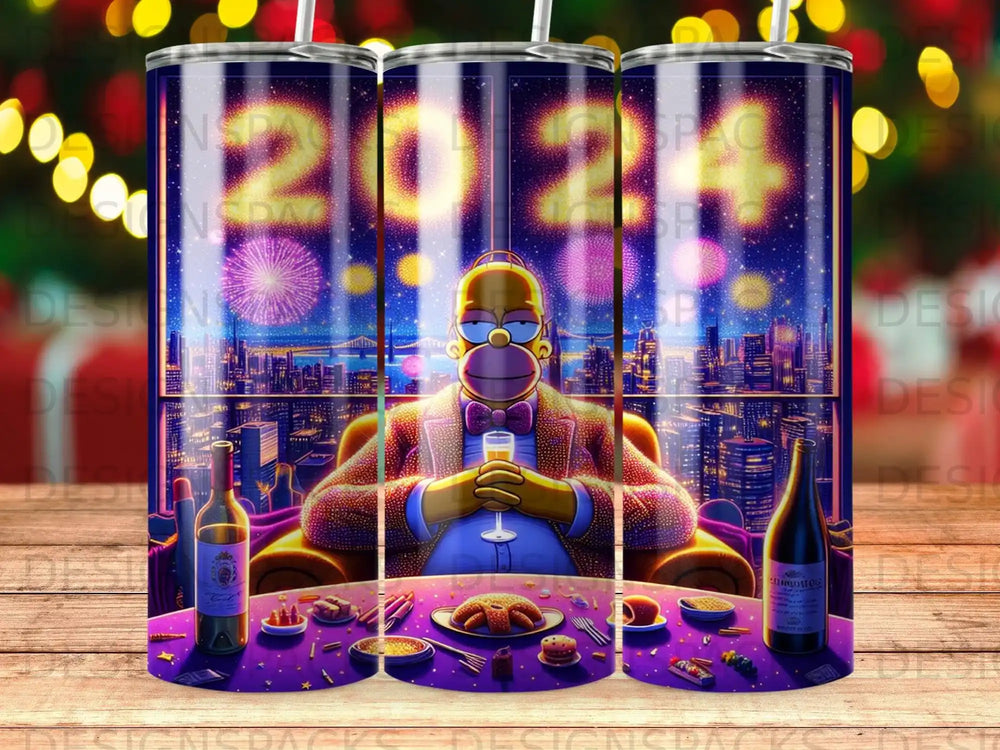 Homer Simpson in a suit with champagne, seated at a table overlooking a city skyline at night.