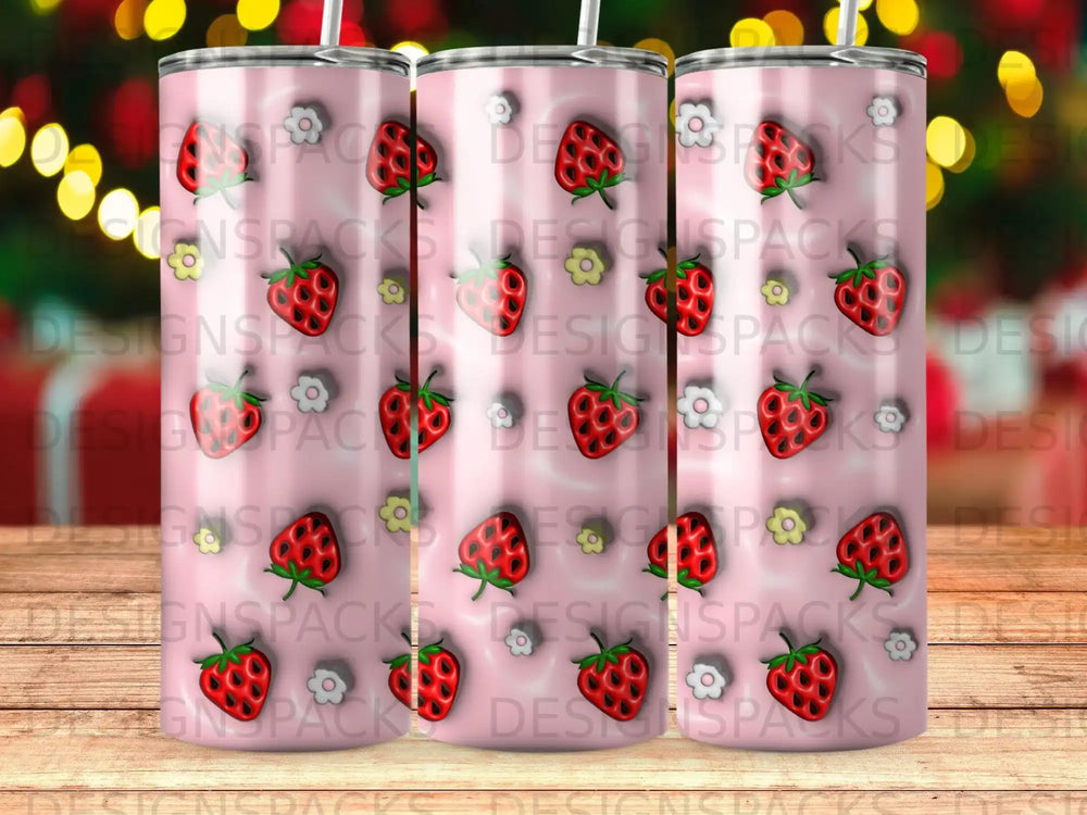 Pink tumbler with repeating strawberries and white flower pattern.
