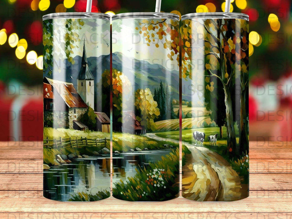 Rural landscape with church, river, and cows, digitally rendered on a tumbler.