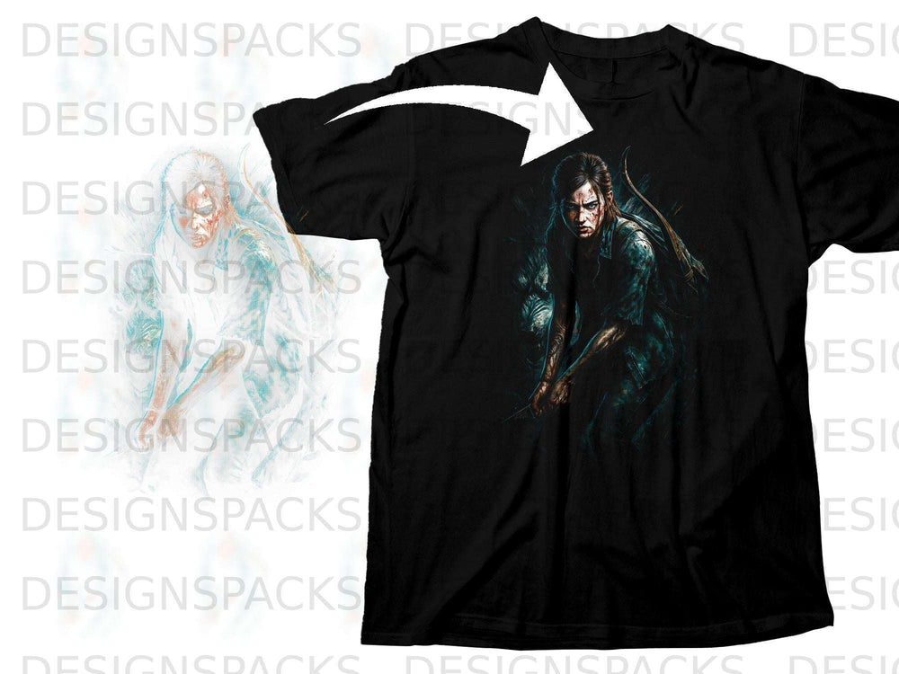 Black t-shirt featuring Ellie from The Last of Us with a bow and arrow.