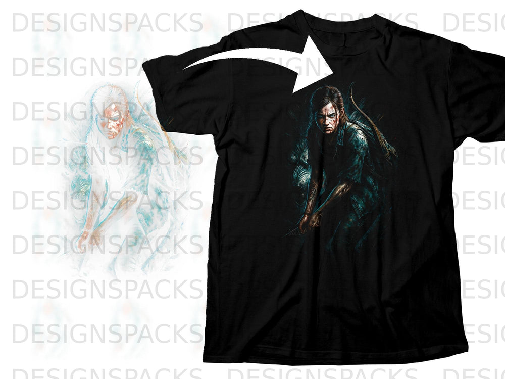 Black t-shirt featuring Ellie from The Last of Us with a bow and arrow.
