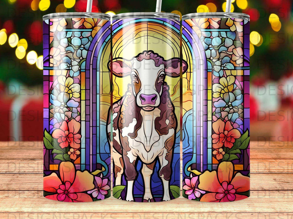 Stained glass cow with floral border and bokeh background.