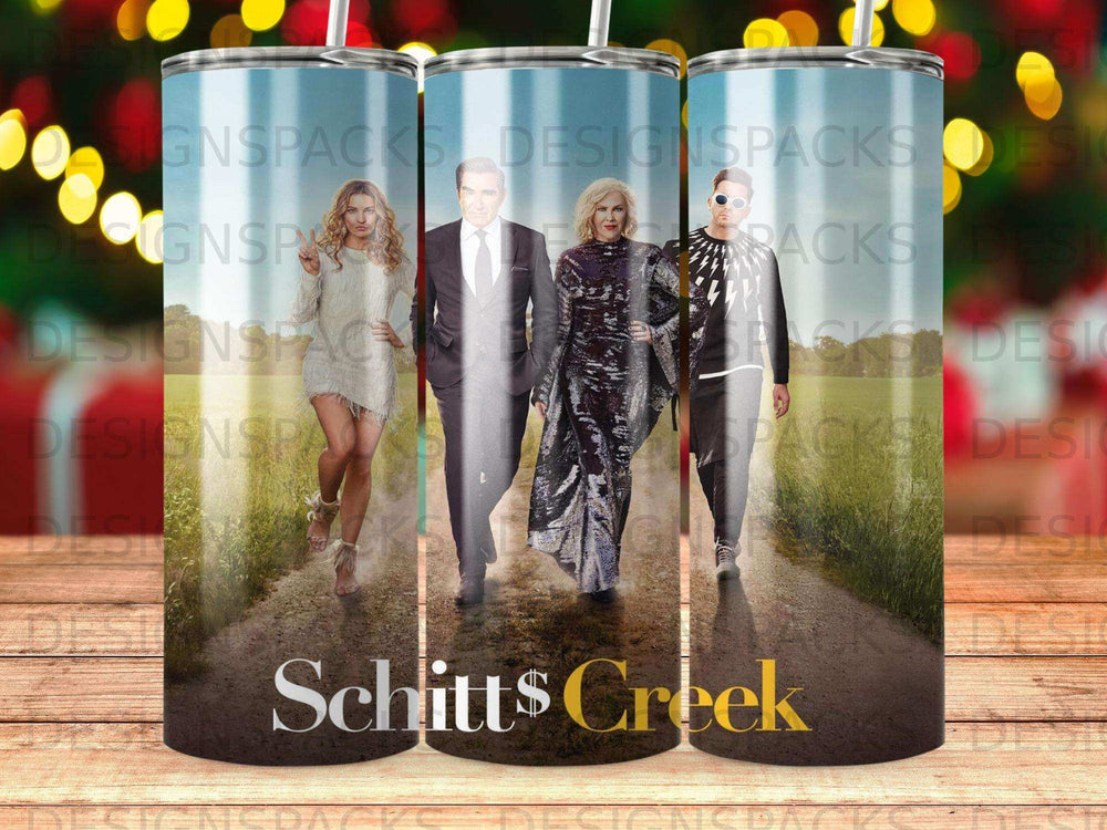 Schitt's Creek cast walking on a dirt road, graphic overlay.