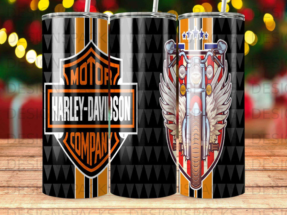 Harley-Davidson motorcycle with wings logo and orange stripe on tumbler.